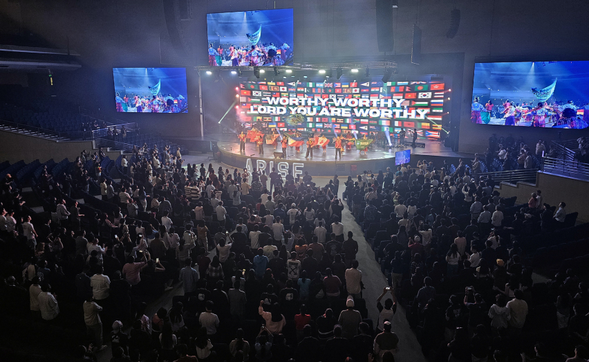 Delegates from 50 countries fill the arena during the opening worship session of the Arise Asia 2026 Congress in Manila, Philippines, July 27, 2026.