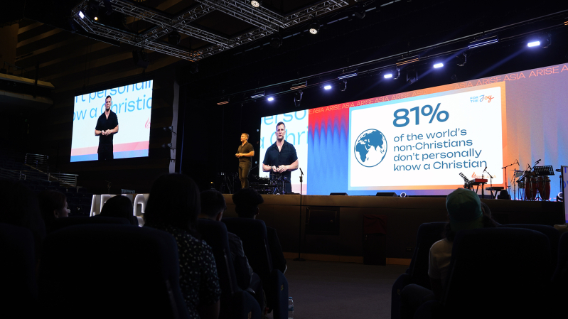 A slide displayed during Jason Mandryks keynote address at the Arise Asia 2026 Congress in Manila, Philippines, July 28, 2026, shows that 81 percent of the worlds non-Christians do not personally know a follower of Jesus.