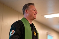 Lt. Commander Daniel Jackson, Senior Fleet Chaplain (Atlantic), at service for crew members onboard HMCS Margaret Brooke on Feb. 6, 2025.