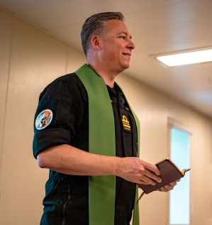 Lt. Commander Daniel Jackson, Senior Fleet Chaplain (Atlantic), at service for crew members onboard HMCS Margaret Brooke on Feb. 6, 2025.