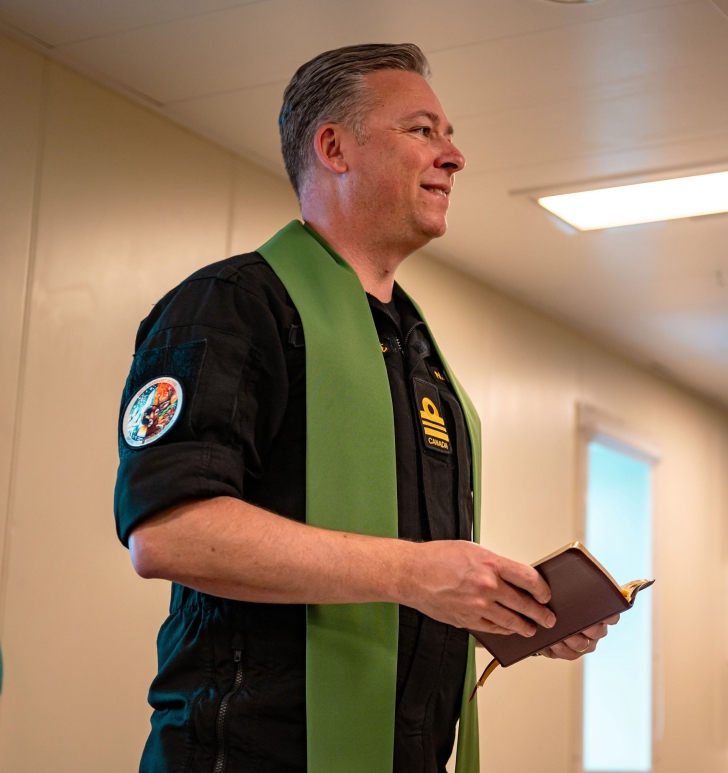 Lt. Commander Daniel Jackson, Senior Fleet Chaplain (Atlantic), at service for crew members onboard HMCS Margaret Brooke on Feb. 6, 2025.