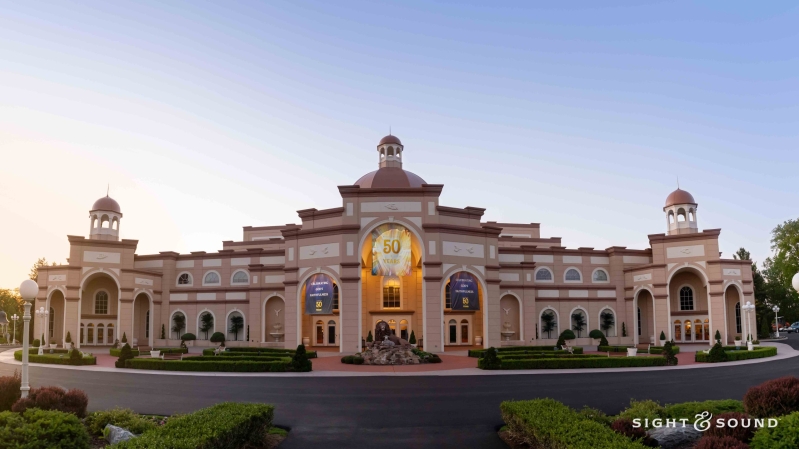 The Sight & Sound Theatre in Lancaster, Pa., displays 50th anniversary banners on its facade. The biblical theater company, founded in 1976, is marking the milestone with a new stage production, a second feature film and expansion plans for 2027.