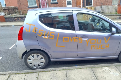 Stickers on Simeon Chandra’s car that insurance broker GoSkippy ordered removed in order to validate his car insurance.
