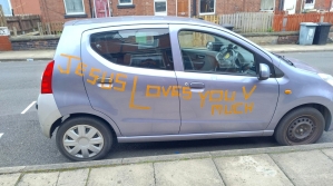 Stickers on Simeon Chandra’s car that insurance broker GoSkippy ordered removed in order to validate his car insurance.