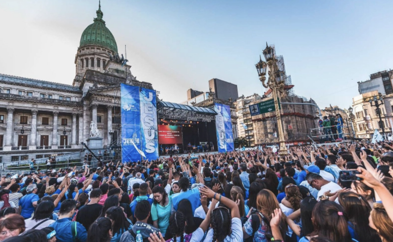 Thousands of Christians gather near Argentinas National Congress in Buenos Aires for a day of prayer, worship and public proclamation of faith during a previous March for Jesus rally.