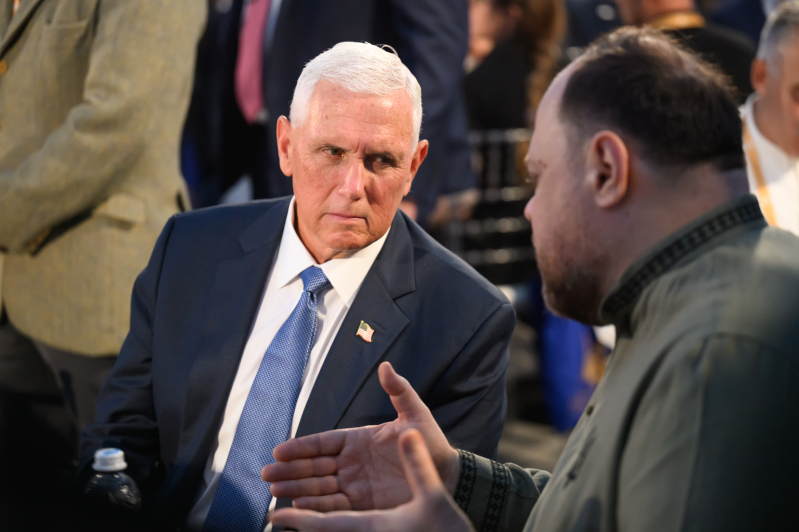 Former U.S. Vice President Mike Pence speaks with a participant at Ukraines third National Prayer Breakfast in Kyiv on Aug. 23, 2026.