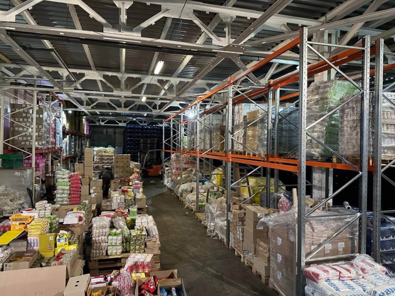 Pallets of food and relief supplies fill the Ukraine for Christ humanitarian warehouse before its destruction in a Russian strike on Aug. 28, 2026.