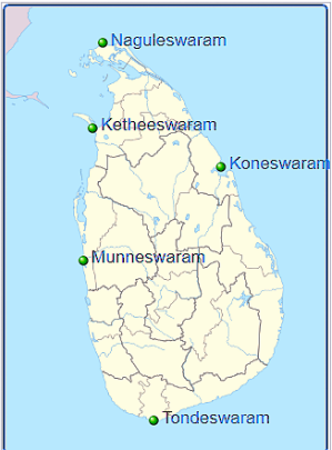 Locations of five ancient coastal temples dedicated to Hindu supreme being Ishvara in the form of the god Shiva.