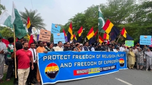 Blasphemy laws were among oppressive measures opposed in protest in Faisalabad, Pakistan on National Minorities Day on Aug. 11, 2026.