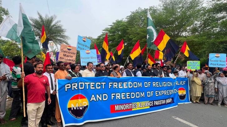 Blasphemy laws were among oppressive measures opposed in protest in Faisalabad, Pakistan on National Minorities Day on Aug. 11, 2026.