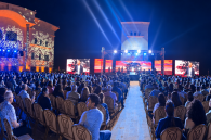 Attendees fill the courtyard of the Jordan Evangelical Theological Seminary during the Christ Our Hope evangelistic service in Amman, Jordan, on Friday, Sept. 4, 2026.
