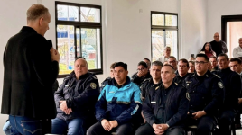 ACIERA President Christian Hooft speaks to police officers during a recognition and spiritual support event held by the alliances Iglesia Presente (Church Present) program in Berisso, Buenos Aires Province, Argentina, on Sept. 11, 2026.