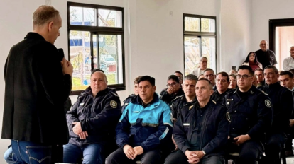 ACIERA President Christian Hooft speaks to police officers during a recognition and spiritual support event held by the alliances Iglesia Presente (Church Present) program in Berisso, Buenos Aires Province, Argentina, on Sept. 11, 2026.