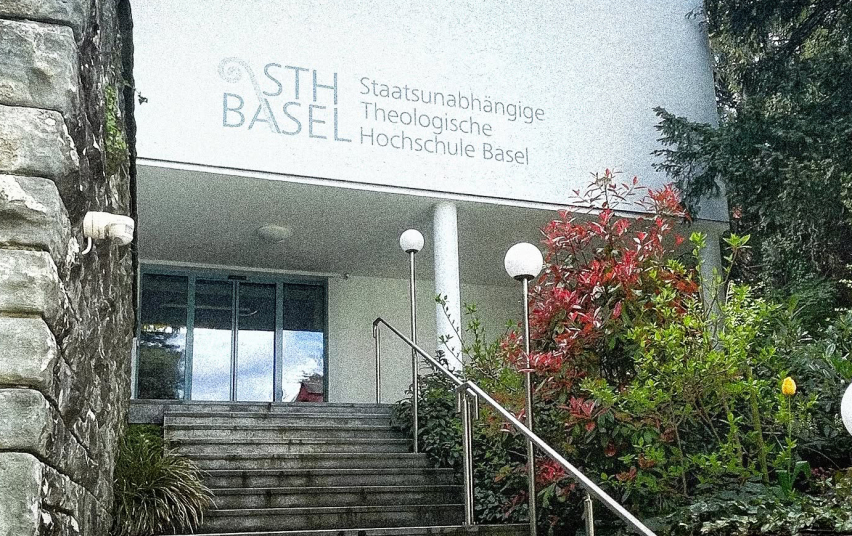 The entrance of STH Basel, a private Protestant theological university, is seen in Riehen, Switzerland.