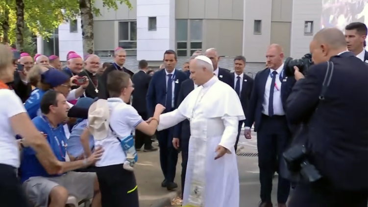 Pope Leo XIV greets pilgrims at a care center for sick and disabled pilgrims in Lourdes, France, on Sunday, Sept. 27, 2026.