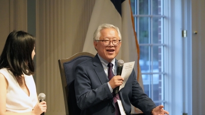 Pastor Ezra Jin of Zion Church with daughter Grace at Global Religious Freedom Gathering at Dallas Baptist University on Sept. 28, 2026.