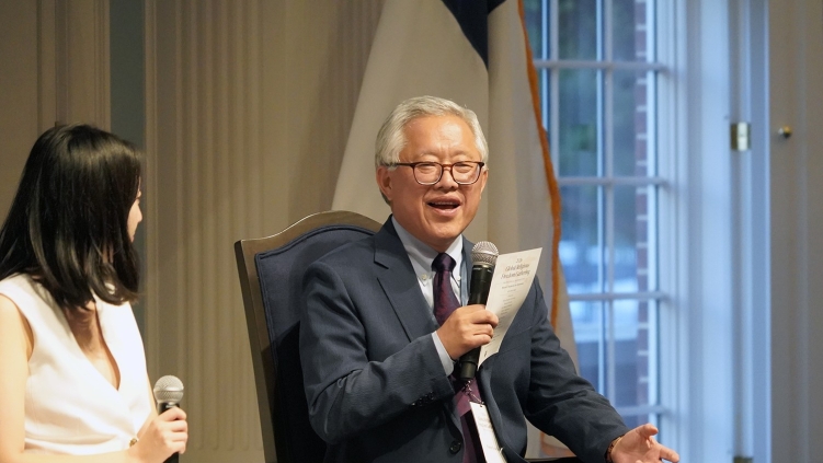 Pastor Ezra Jin of Zion Church with daughter Grace at Global Religious Freedom Gathering at Dallas Baptist University on Sept. 28, 2026.