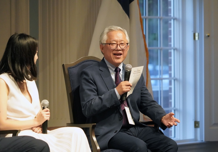 Pastor Ezra Jin of Zion Church with daughter Grace at Global Religious Freedom Gathering at Dallas Baptist University on Sept. 28, 2026.