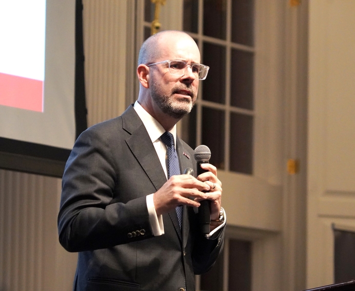 Knox Thames, executive director of K. Randel Everett Center for Global Religious Freedom, speaks at gathering at Dallas Baptist University on Sept. 28, 2026.