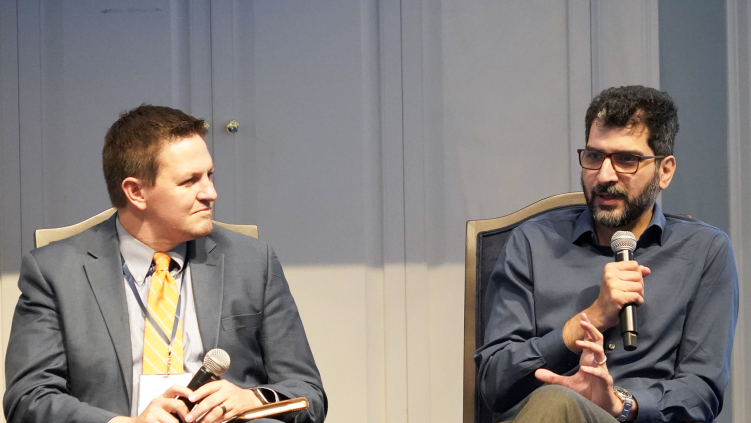 Wissam al-Saliby (right), president of 21Wilberforce, speaks during a panel on religious freedom advocacy at the Global Religious Freedom Gathering at Dallas Baptist University in Dallas, Texas, on Sept. 29, 2026.