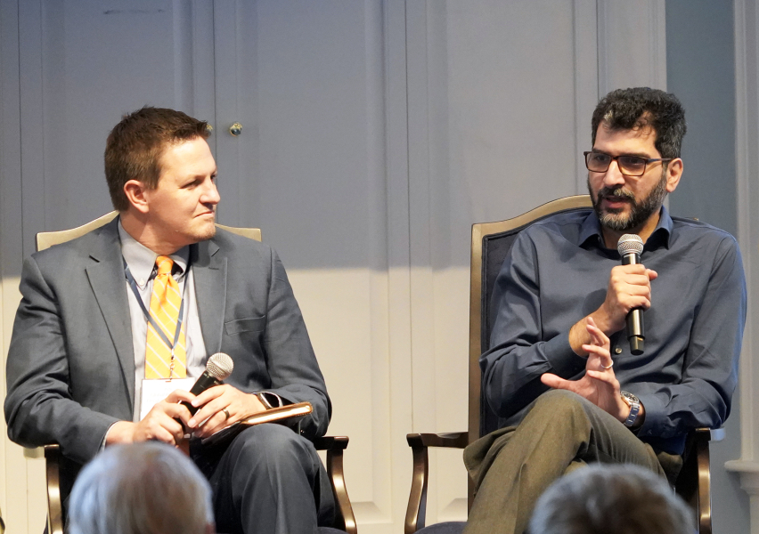 Wissam al-Saliby (right), president of 21Wilberforce, speaks during a panel on religious freedom advocacy at the Global Religious Freedom Gathering at Dallas Baptist University in Dallas, Texas, on Sept. 29, 2026.