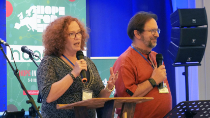 Connie Main Duarte and Jan Wessels, co-general secretaries of the European Evangelical Alliance, introduce the theme Hope in Uncertain Times at the opening of Hope for Europe 2026 in Golem, Albania, on Monday, Oct. 5, 2026.