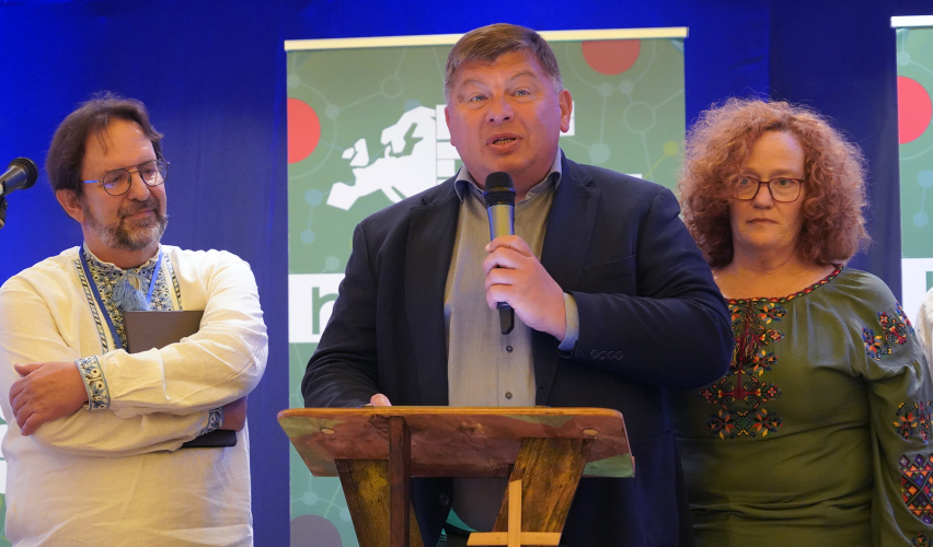 Igor Bandura, general secretary of the Ukraine Council of Protestant Evangelical Churches, speaks after accepting the Hope Award on behalf of Ukraine’s evangelical churches at Hope for Europe 2026 in Golem, Albania, on Thursday, Oct. 8, 2026.