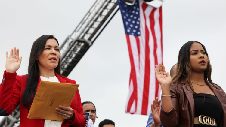 People participate in a Naturalization Ceremony at Liberty State Park on September 17, 2024 in Jersey City, New Jersey.