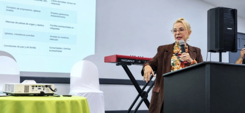 Pastor Lyda Arias, president of the Evangelical Confederation of Colombia (CEDECOL), speaks on the panel “The Mission of the Alliances: Challenges and Good Practices” at the Latin American Evangelical Alliance (AEL) general assembly in San José, Costa Ric