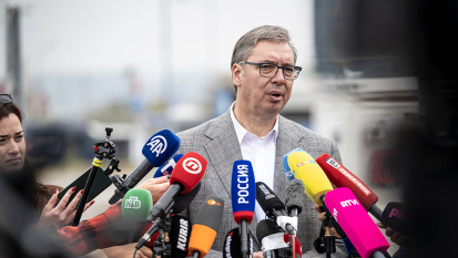 Aleksandar Vucic, SNS Leading candidate and former President of Serbia, holds a press conference after he voted as Serbia holds parliamentary elections on October 25, 2026 in Belgrade, Serbia.