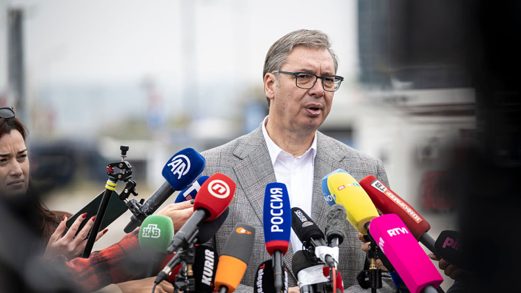 Aleksandar Vucic, SNS Leading candidate and former President of Serbia, holds a press conference after he voted as Serbia holds parliamentary elections on October 25, 2026 in Belgrade, Serbia.