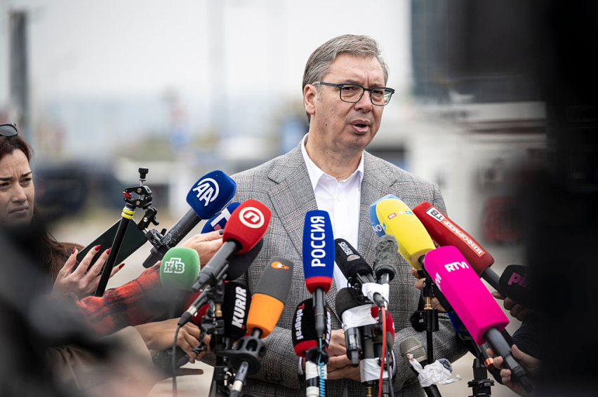 Aleksandar Vucic, SNS Leading candidate and former President of Serbia, holds a press conference after he voted as Serbia holds parliamentary elections on October 25, 2026 in Belgrade, Serbia.